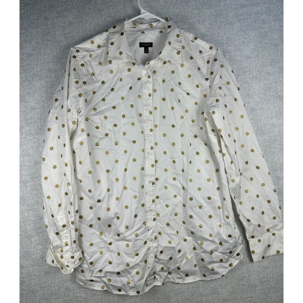 Talbots Non Iron Button Up LS Shirt w/gold Foil Polka Dots Women’s Size Medium